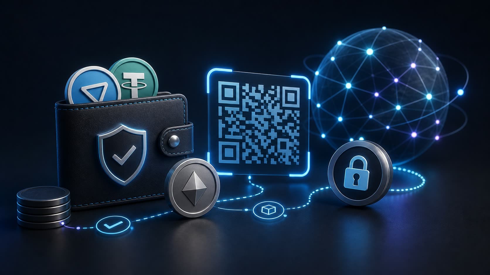 Иллюстрация криптокошелька, QR-кода, TON и сетевых узлов