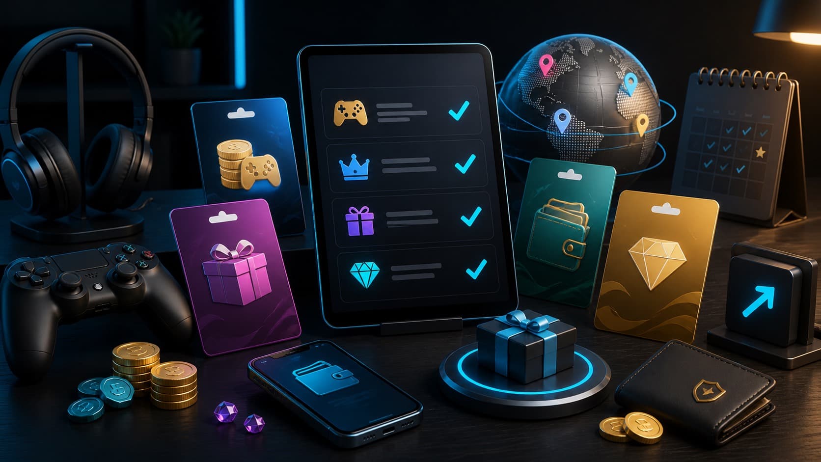 Иллюстрация цифровых подарочных карт, контроллера, подписки, телефона и чек-листа выбора