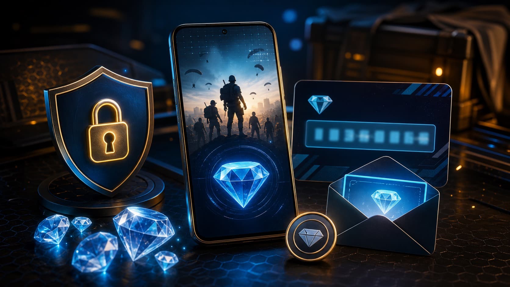 Иллюстрация смартфона Free Fire, алмазов, письма с кодом и защитного замка