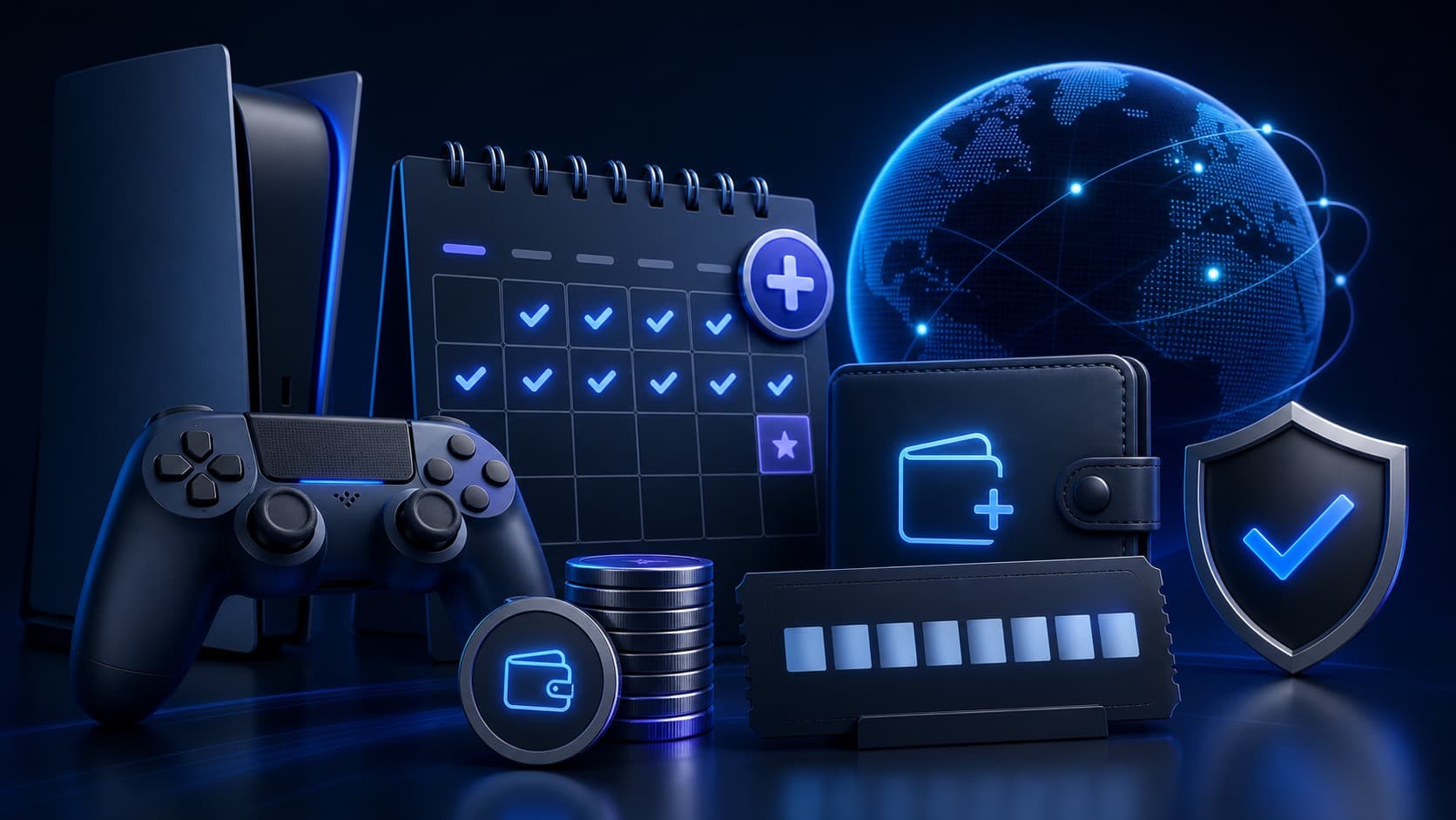Иллюстрация контроллера, подписки PlayStation Plus, кошелька PSN и ваучера