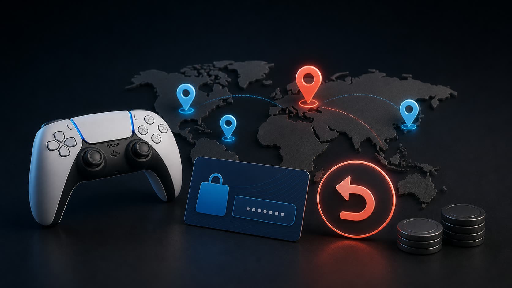 Иллюстрация контроллера PlayStation, карты мира и значков региона