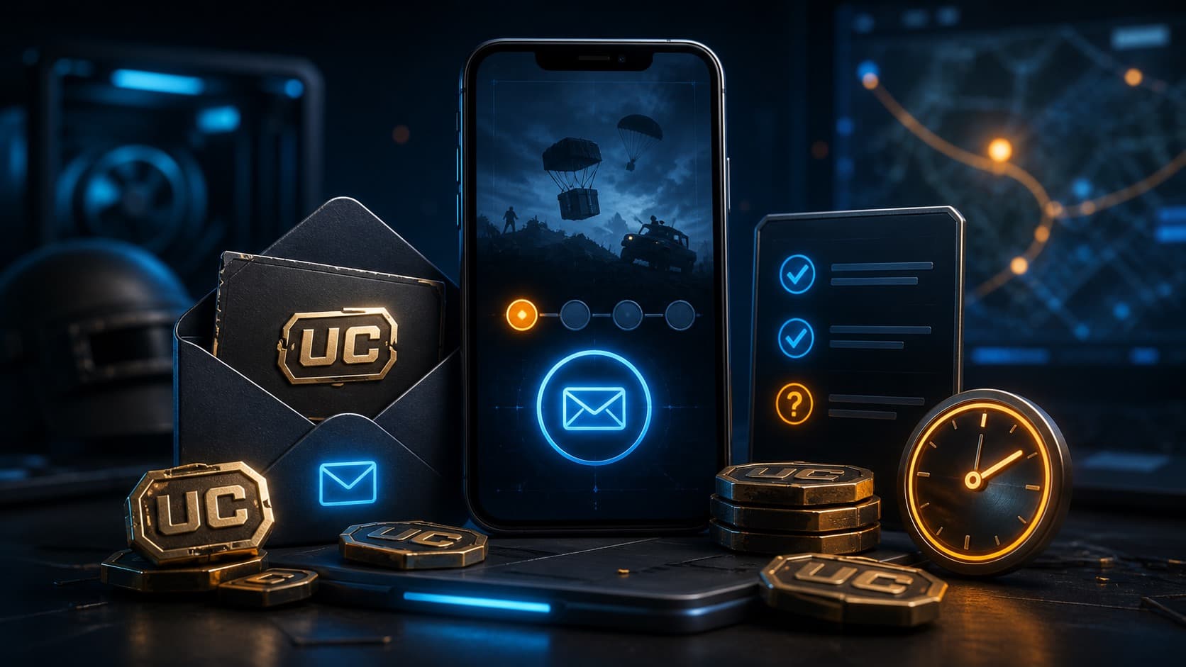 Иллюстрация PUBG Mobile UC, письма, часов доставки и чек-листа поддержки
