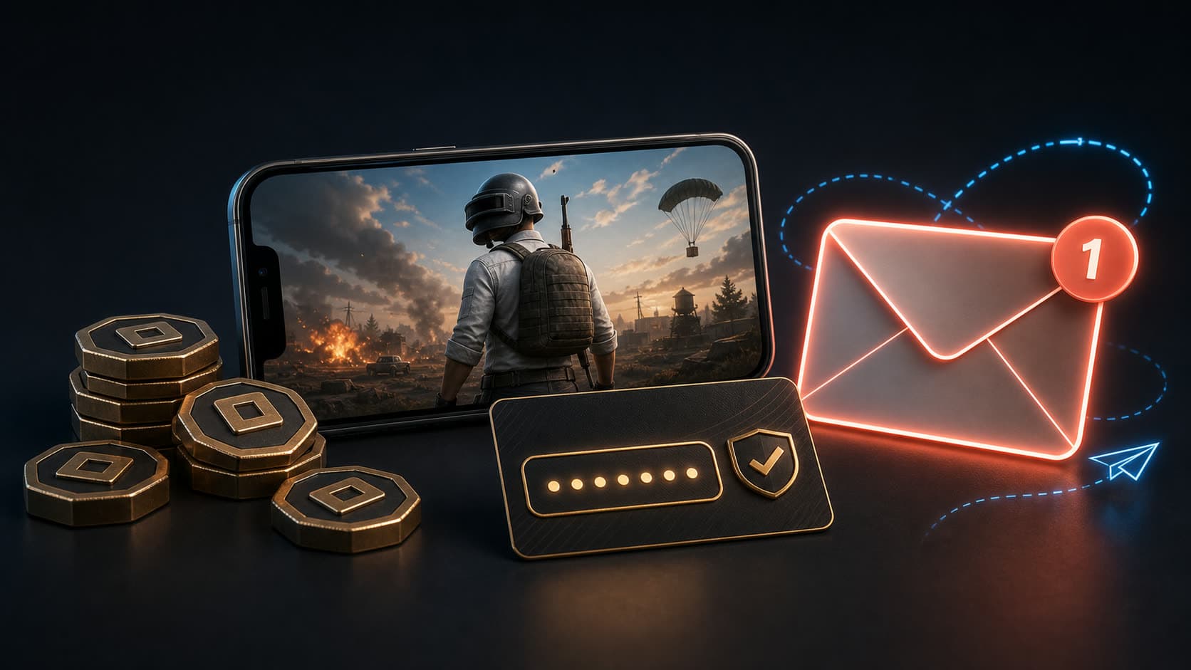 Иллюстрация PUBG Mobile, UC-токенов, смартфона и письма с кодом