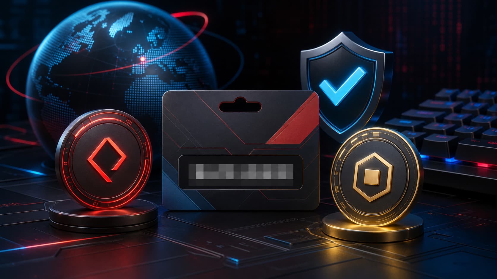 Иллюстрация prepaid-карты Riot Games, игровых токенов, региона и защитного щита