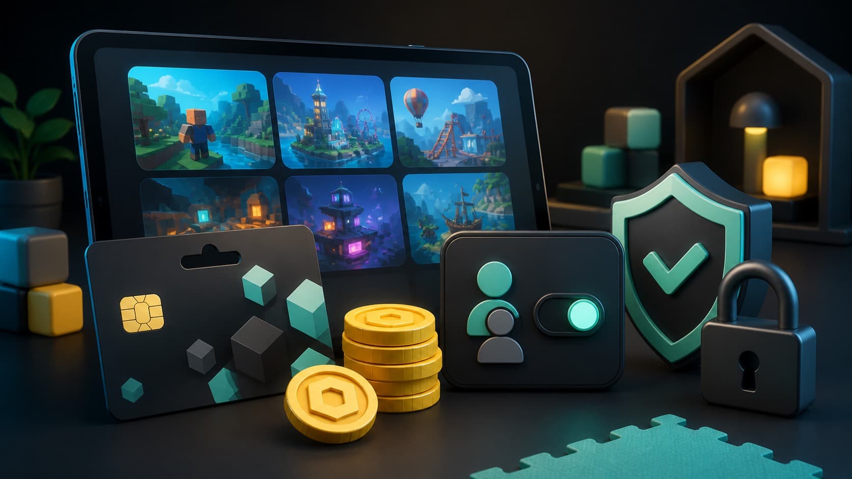 Иллюстрация планшета Roblox, подарочной карты, Robux-монет и родительского замка