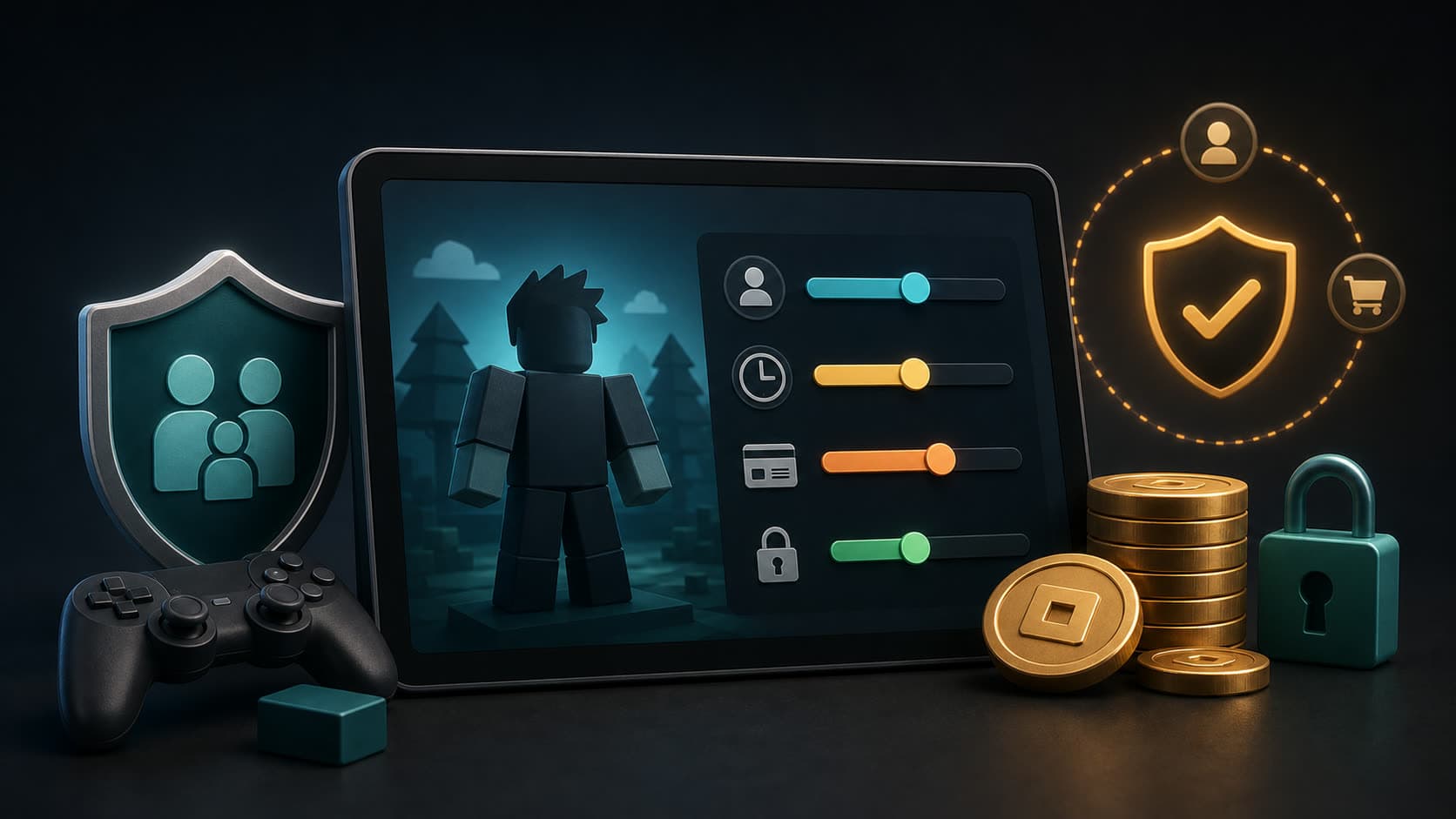 Иллюстрация планшета Roblox с настройками родительского контроля и монетами