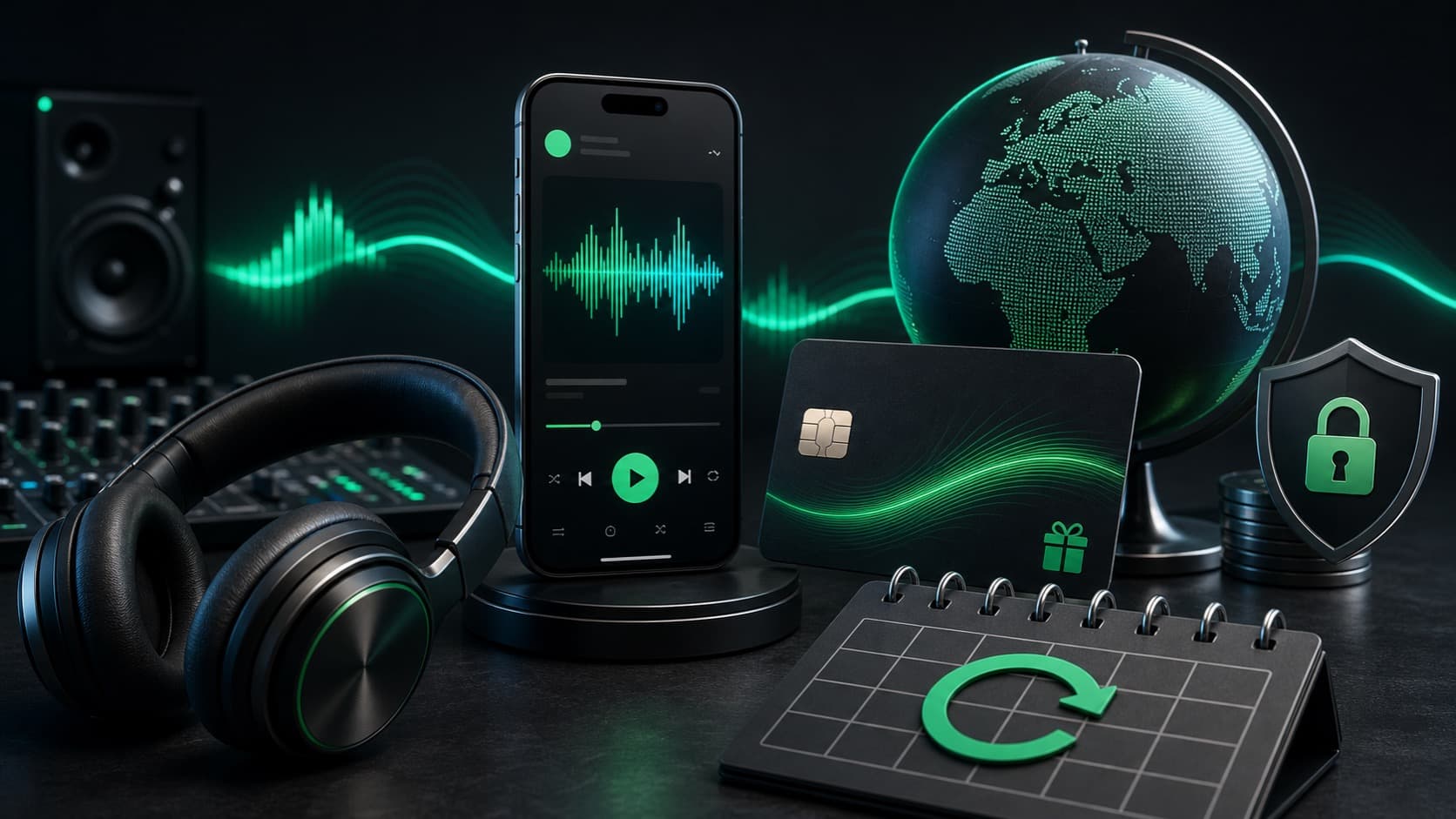 Иллюстрация наушников Spotify, подарочной карты, глобуса страны и календаря подписки