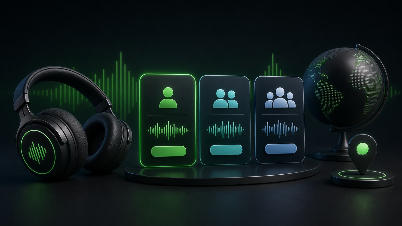 Иллюстрация наушников, музыкальных волн и пользователей Spotify Premium