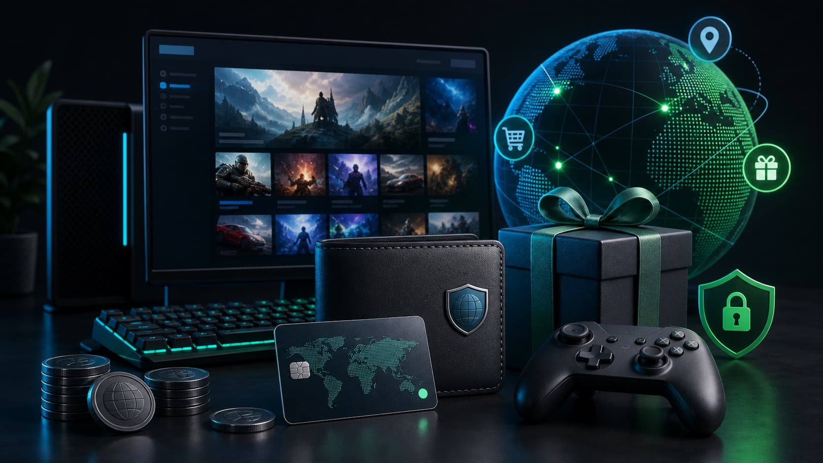 Иллюстрация Steam-кошелька, подарка, карты региона и игровой витрины