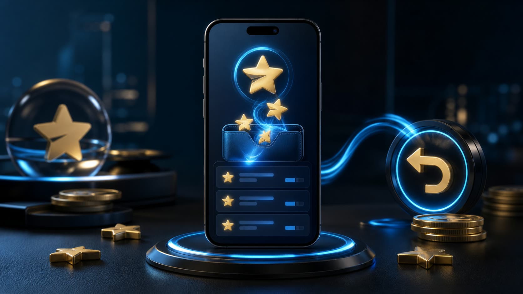 Смартфон с балансом Telegram Stars, историей операций и символом возврата
