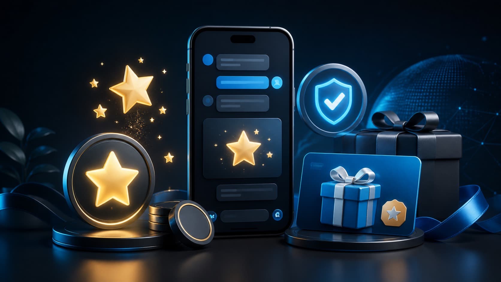 Иллюстрация смартфона Telegram, звезд, подарочной карты Premium и значка безопасности